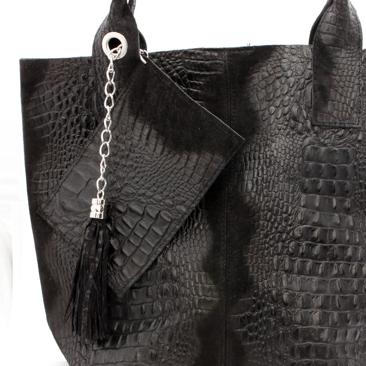 Leder Beutel Tasche Krokooptik Schwarz