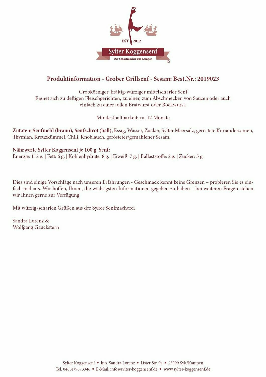 Sylter Koggensenf - "Grober Grillsenf - Sesam" , 190 gr.