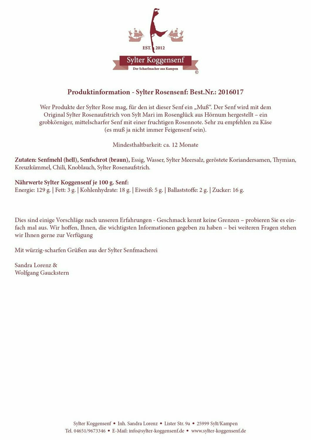Sylter Koggensenf - Sylter Rosensenf", 190 gr