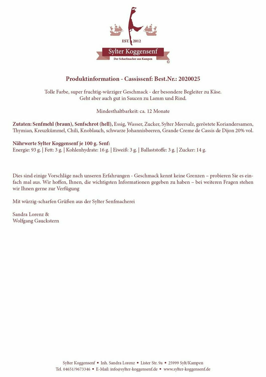Sylter Koggensenf - "Cassissenf" , 190 gr.