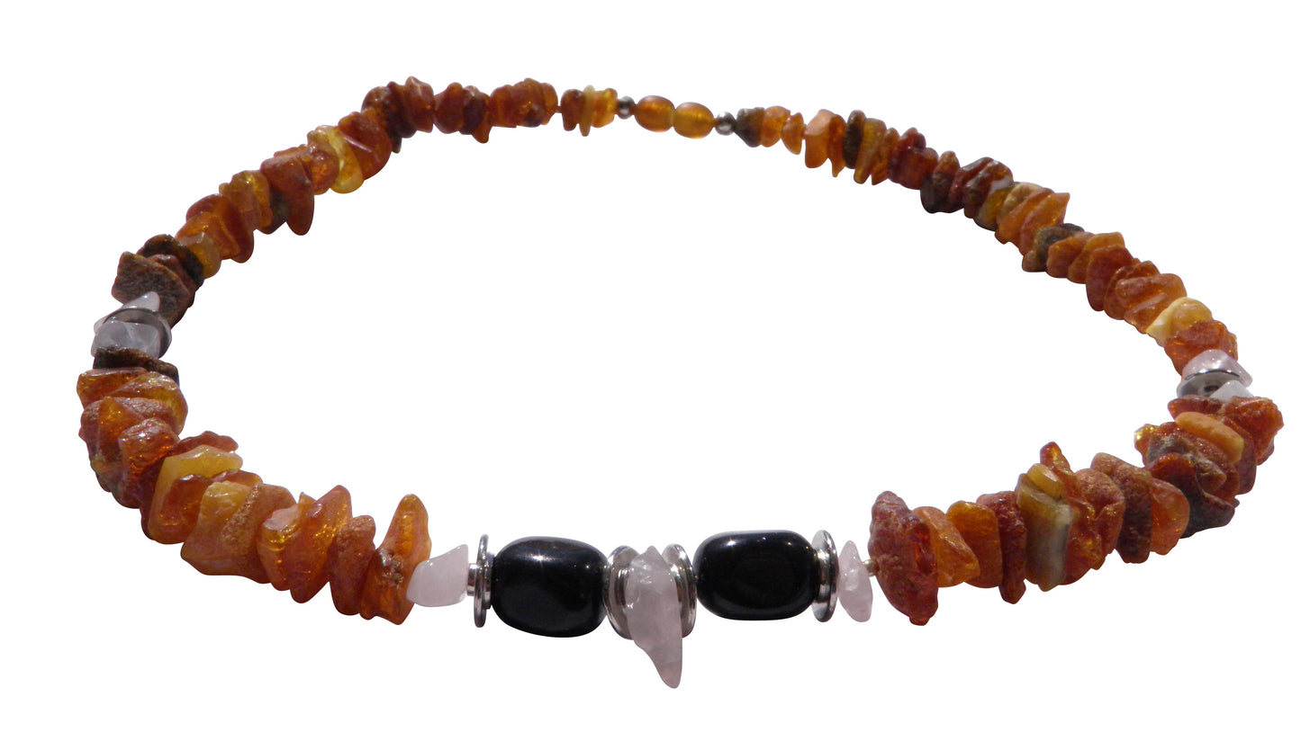 Bernsteinkette Hund mit Onyx und Rosenquarz Länge 46 cm