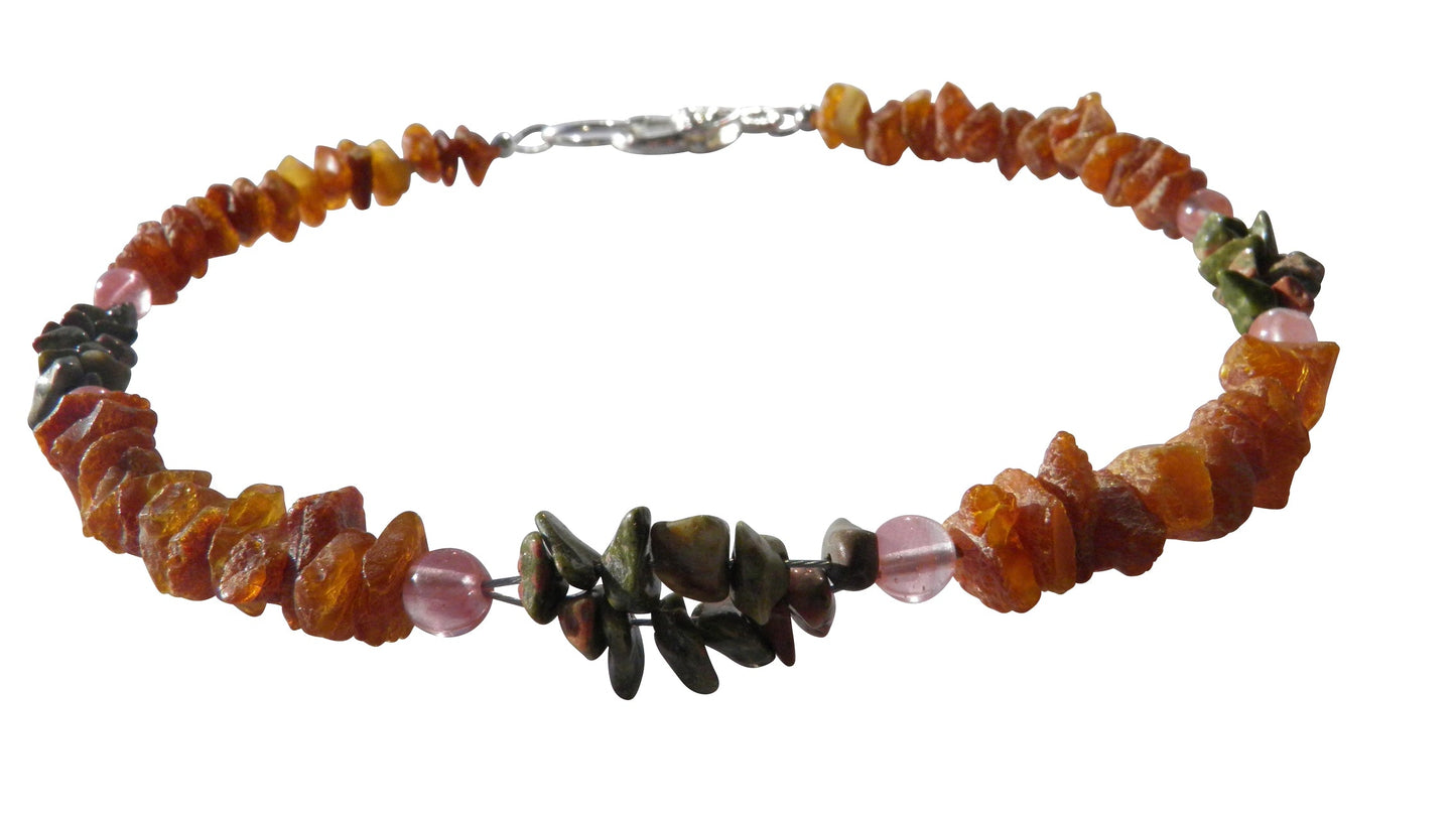 Bernsteinkette für den Hund mit Unakit und Erdbeerquarz Länge 36cm