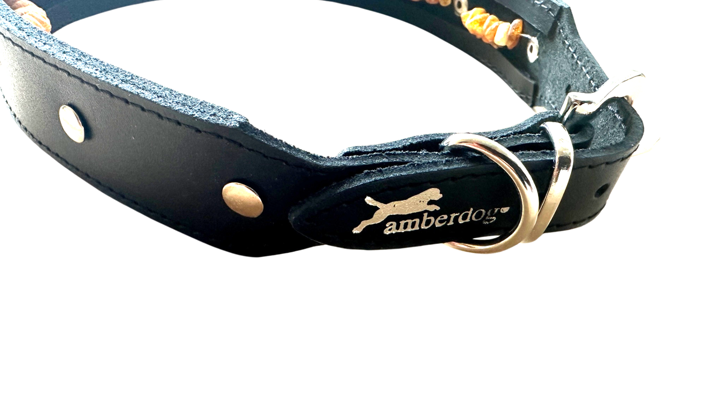 Hunde Lederhalsband mit integrierter Bernsteinkette