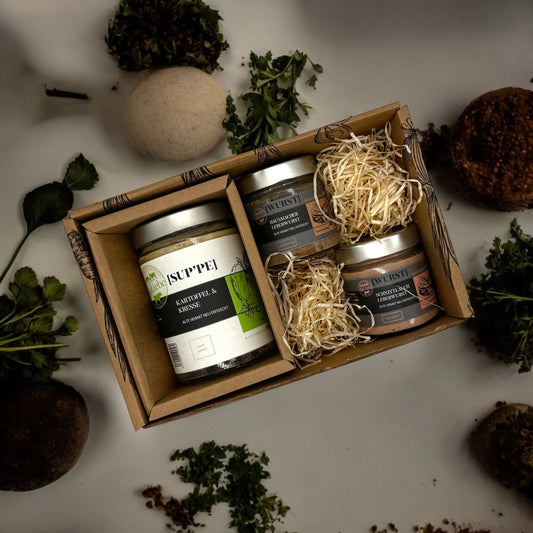 Kleine Genussbox mit Suppe und Leberwurst