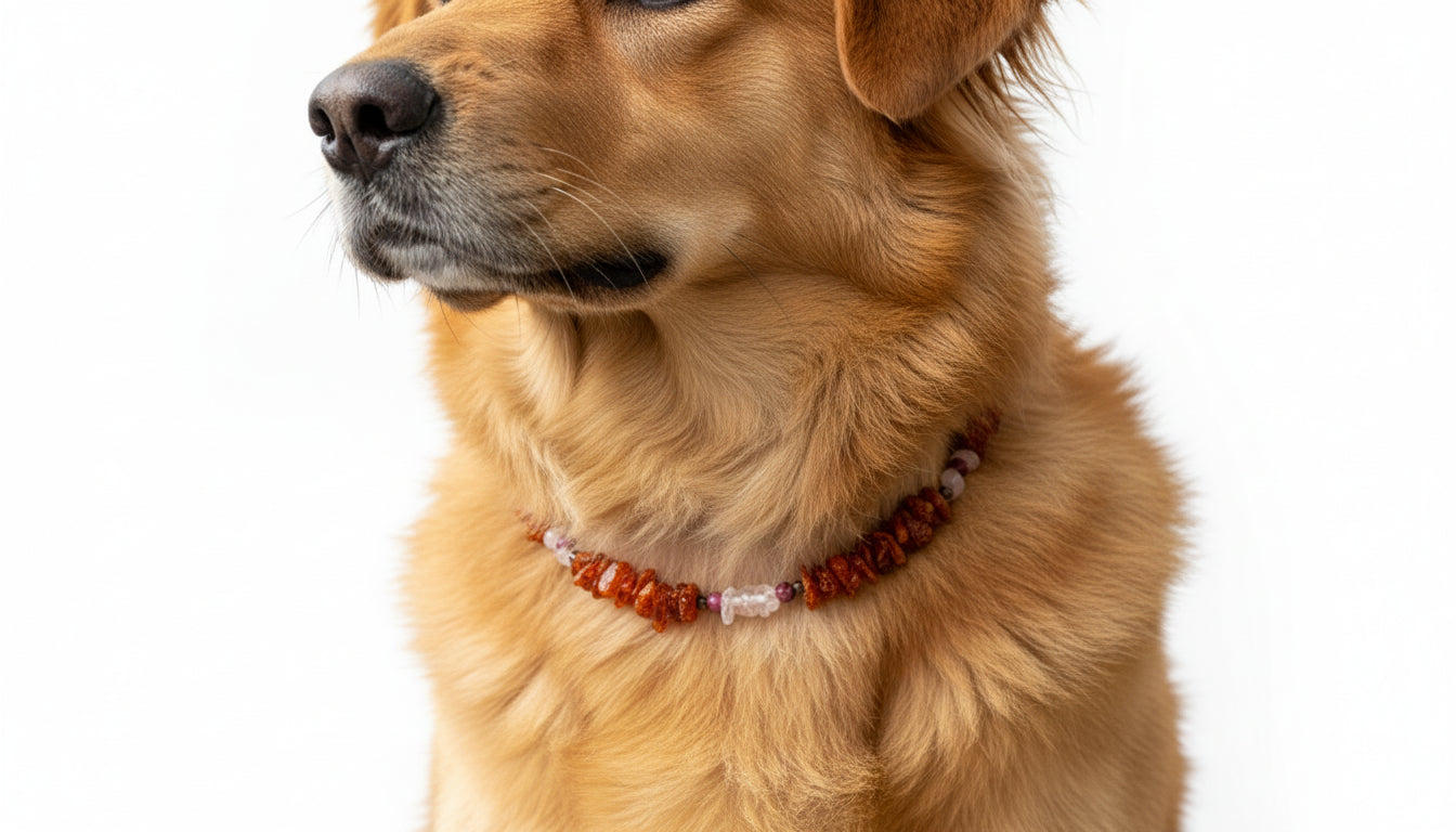 Amberdog® Bernsteinkette mit Sugilith & Rosenquarz – Handgefertigtes Einzelstück für Hunde (29 cm)