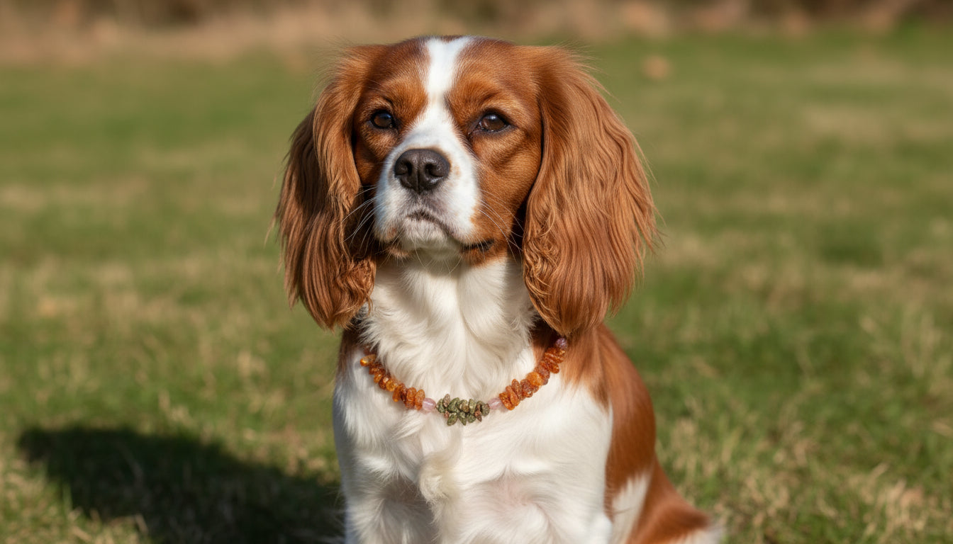 Bernsteinkette für den Hund mit Unakit und Erdbeerquarz Länge 36cm