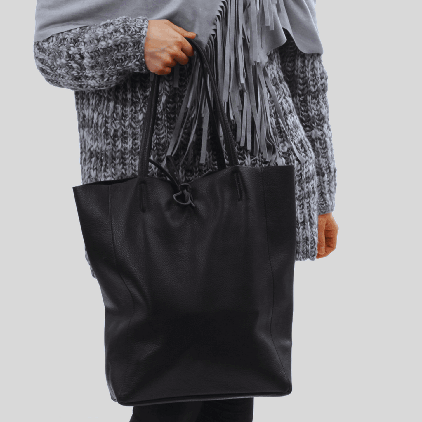 Leder Shopper mit Innentasche Dunkelgrau