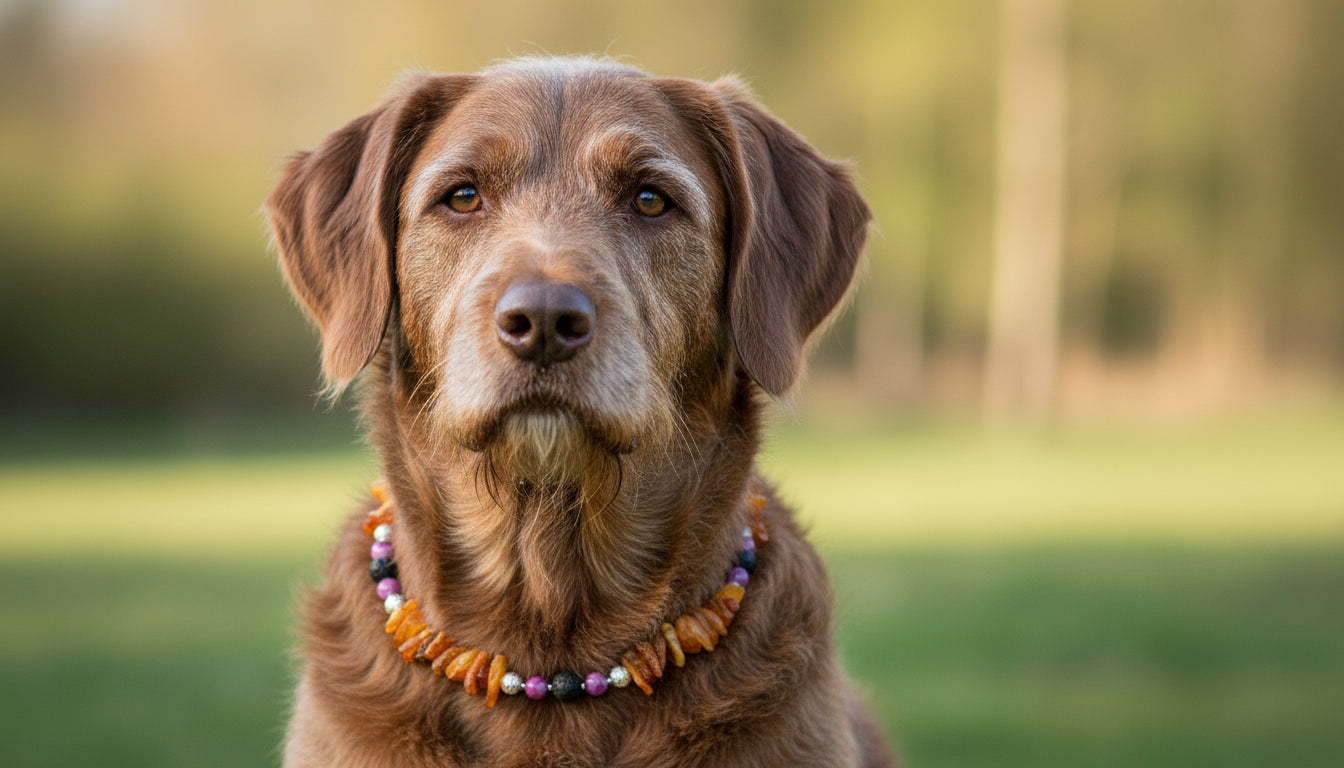 Hunde Bernsteinkette mit Lava  und Sugilith Länge 45cm