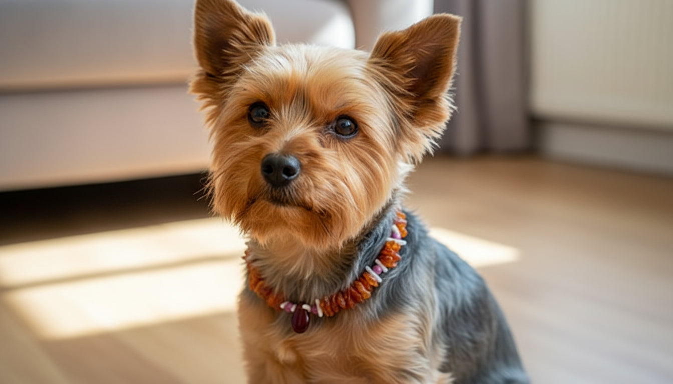 Bernsteinkette für den Hund mit Sugilith und Koralle Länge 25cm