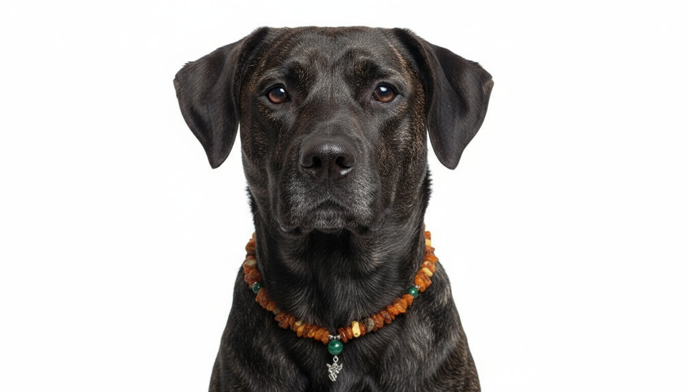 Hunde Bernsteinkette mit Malachit Engel Länge 47cm