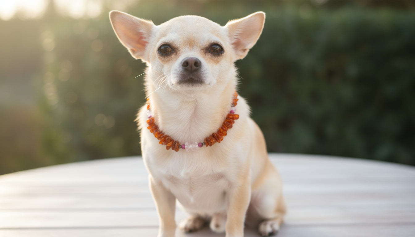 Amberdog® Bernsteinkette mit Sugilith & Rosenquarz – Handgefertigtes Einzelstück für Hunde (29 cm)