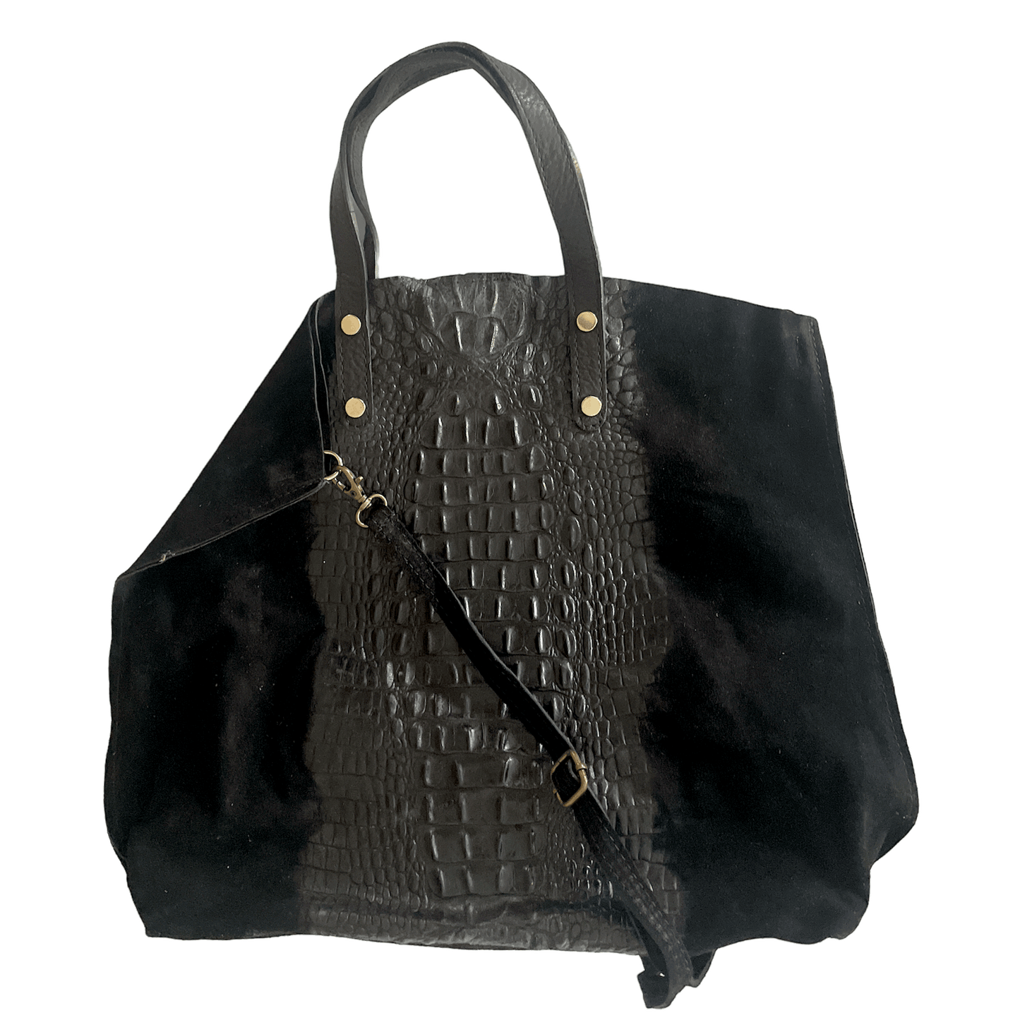 Leder Beutel Tasche Krokooptik Veloursleder Schwarz