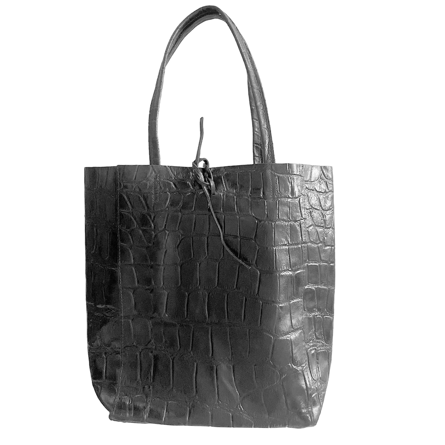 Leder Shopper mit Innentasche Kroko Schwarz