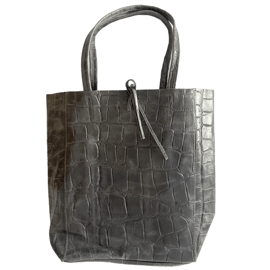 Leder Shopper mit Innentasche Kroko Grau