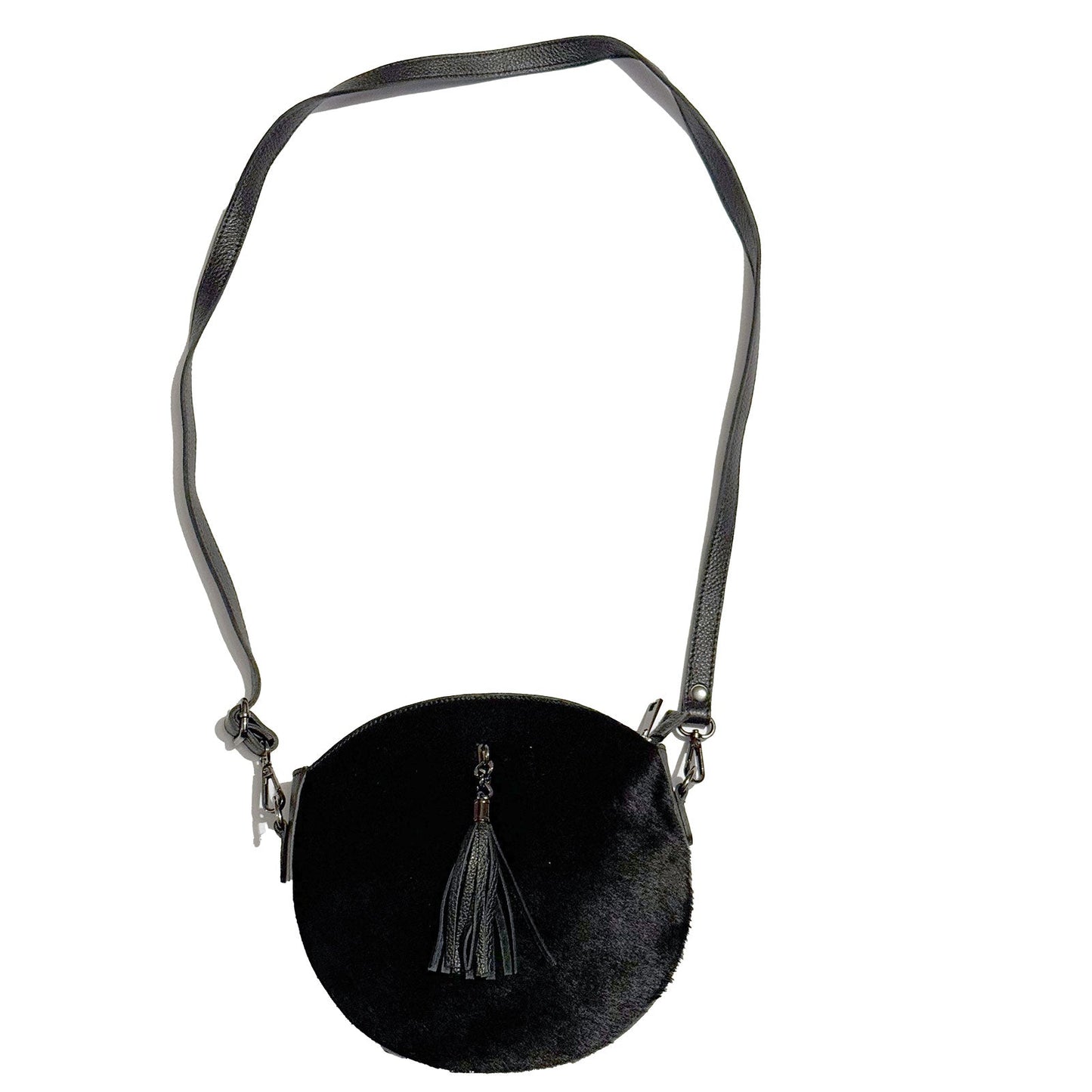 Runde Umhänge Handtasche mit Fell Schwarz